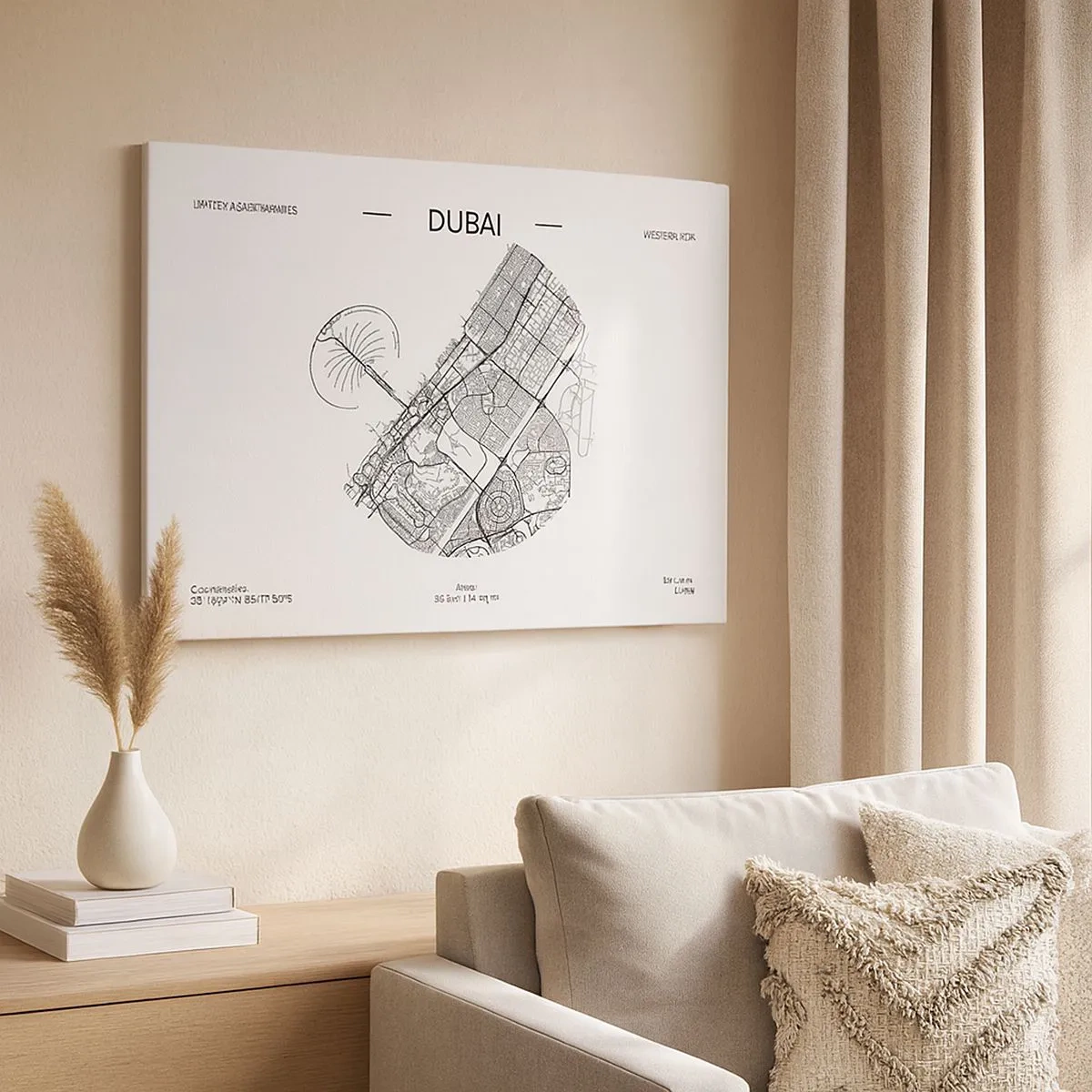 Canvastavla - Bild på duk - En minimalistisk svartvit karta över Dubai med platsmarkeringar. - 70x50cm - Dubais anatomi - Modern väggdekoration för vardagsrum och sovrum ARTTOR