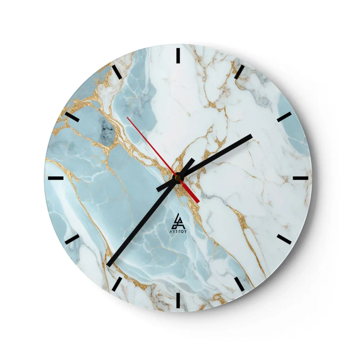 Väggklocka - Klocka på glas - Blå och vit marmor med guldådror överallt - 30x30cm - Stenrikedom - Modern väggdekoration för vardagsrum, kök och sovrum ARTTOR