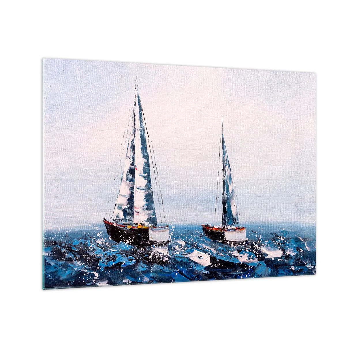 Glastavla - Bild på glas - Två yachter på ett stormigt hav i impressionistisk målerisk stil. - 70x50cm - Vindens broderskap - Modern väggdekoration för vardagsrum och sovrum ARTTOR