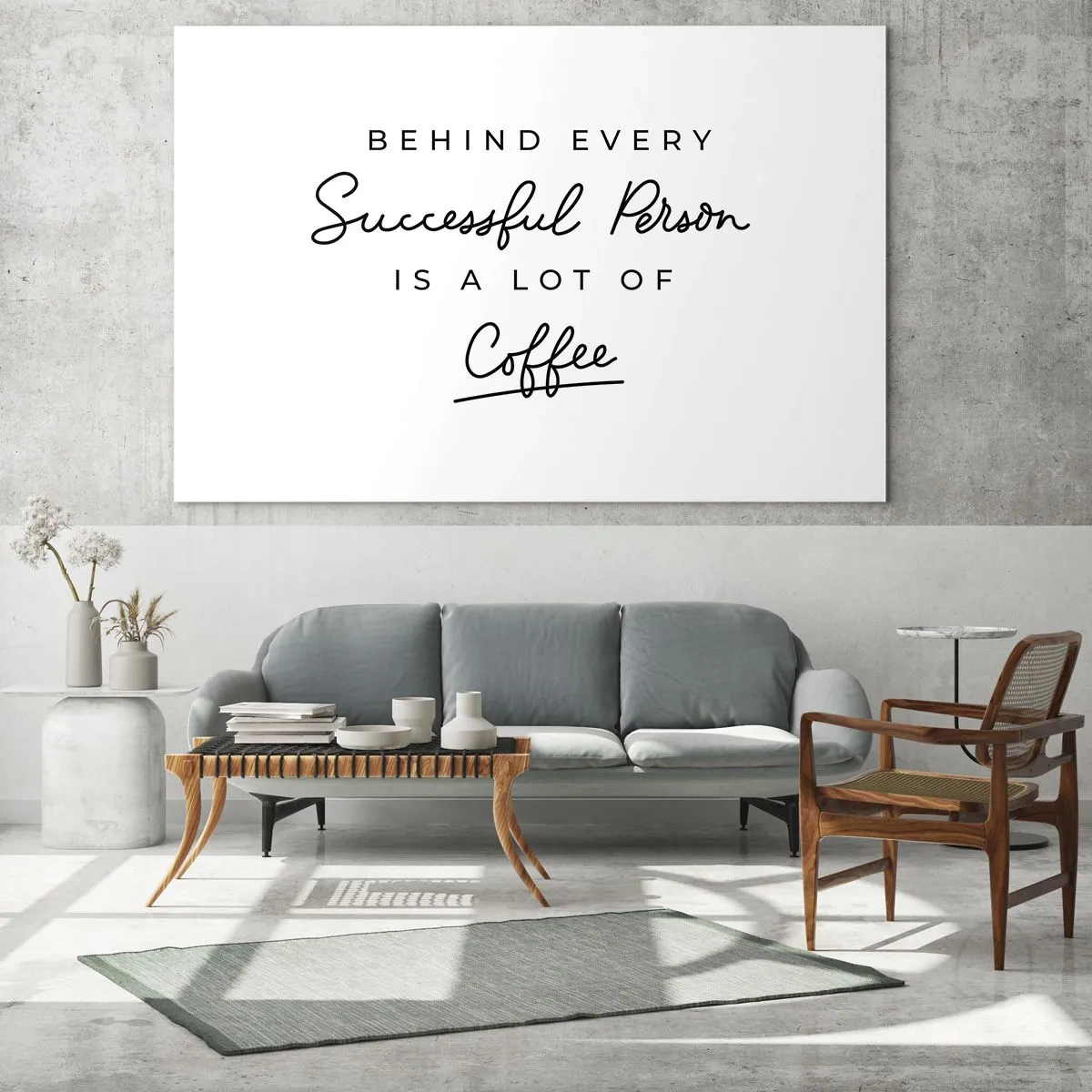 Glastavla - Bild på glas - Ett motiverande citat om framgång och kaffe i minimalistisk stil. - 70x50cm - Framgångens hemlighet - Modern väggdekoration för vardagsrum och sovrum ARTTOR