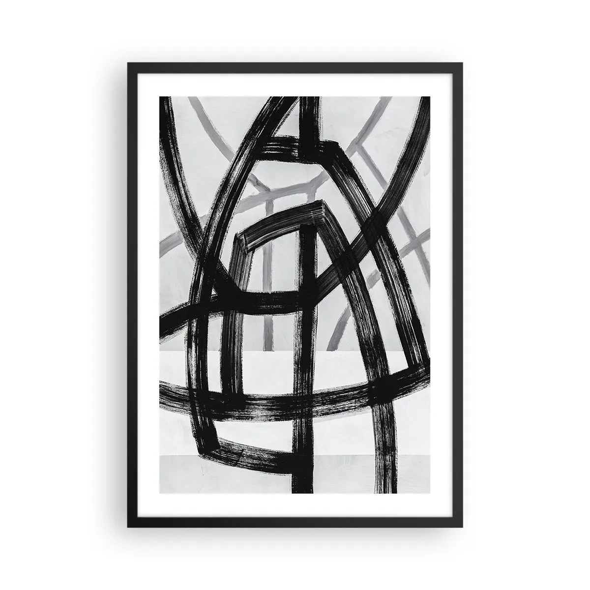 Affisch i svart ram - Geometriska svarta linjer på en ljus bakgrund i en abstrakt komposition - 50x70cm - Att skapa djupet - Modern väggdekoration för vardagsrum och sovrum ARTTOR