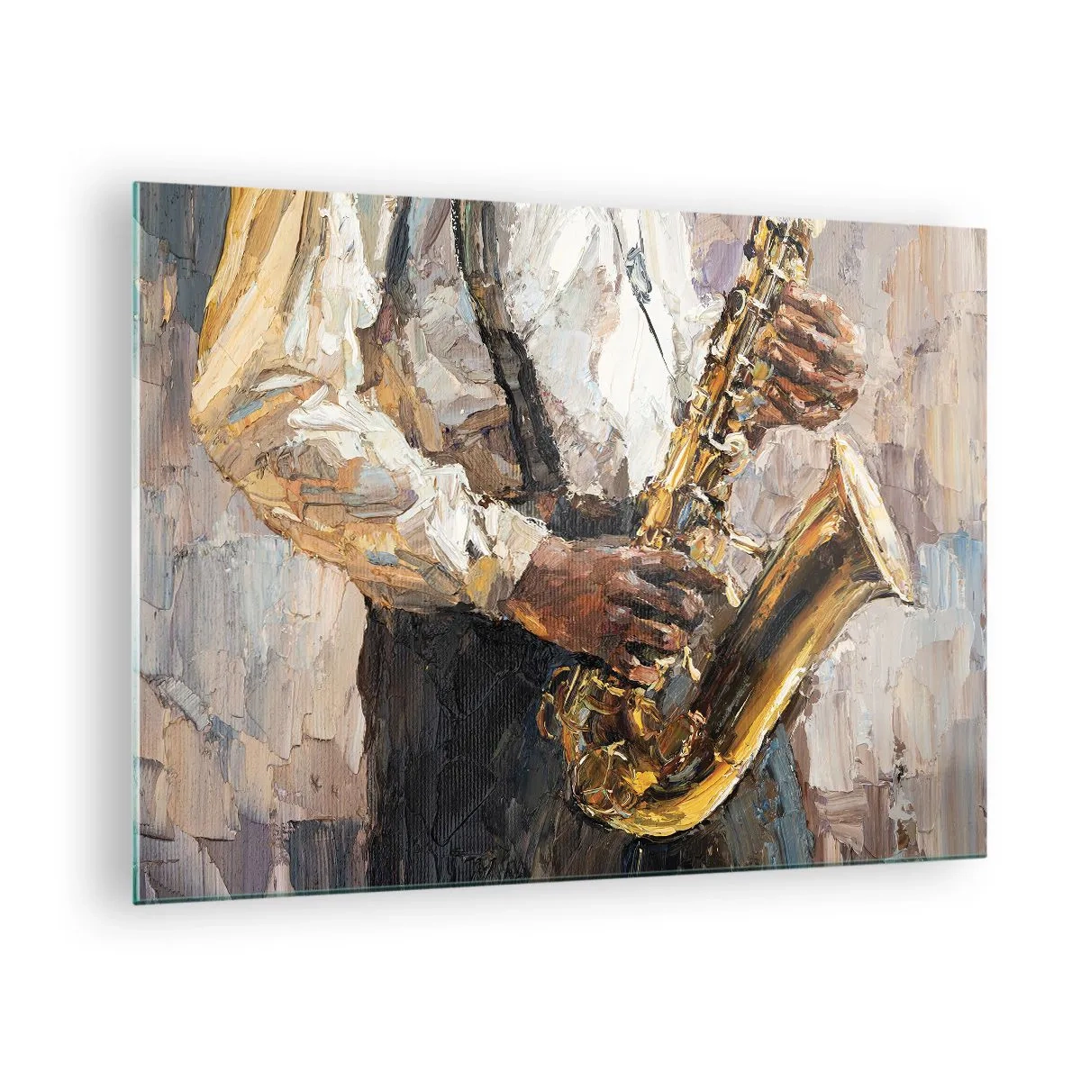 Glastavla - Bild på glas - En musiker som spelar saxofon målad med impastotekniken - 70x50cm - Dags för solo - Modern väggdekoration för vardagsrum och sovrum ARTTOR