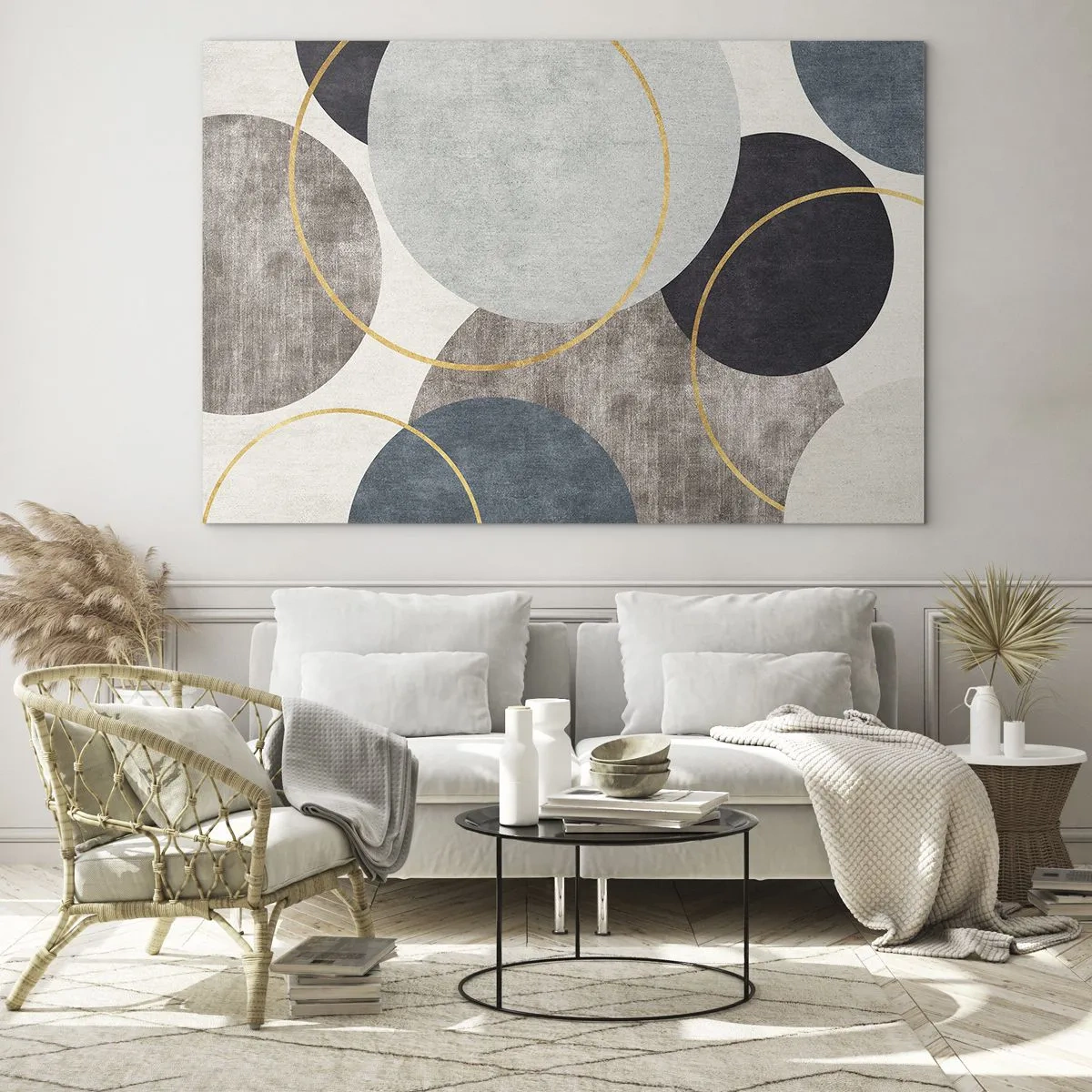 Glastavla - Bild på glas - En komposition av cirklar i dämpade färger - 70x50cm - Cirkel efter cirkel - Modern väggdekoration för vardagsrum och sovrum ARTTOR