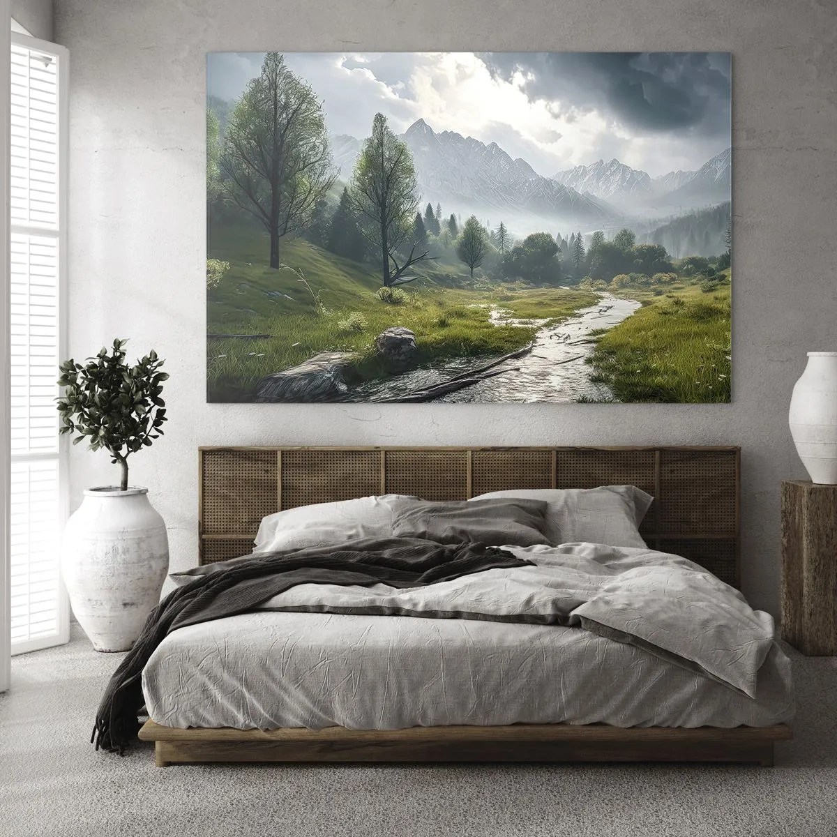 Glastavla - Bild på glas - Ett bergslandskap med en bäck och en grön dal på morgonen - 70x50cm - Fram och tillbaka - Modern väggdekoration för vardagsrum och sovrum ARTTOR