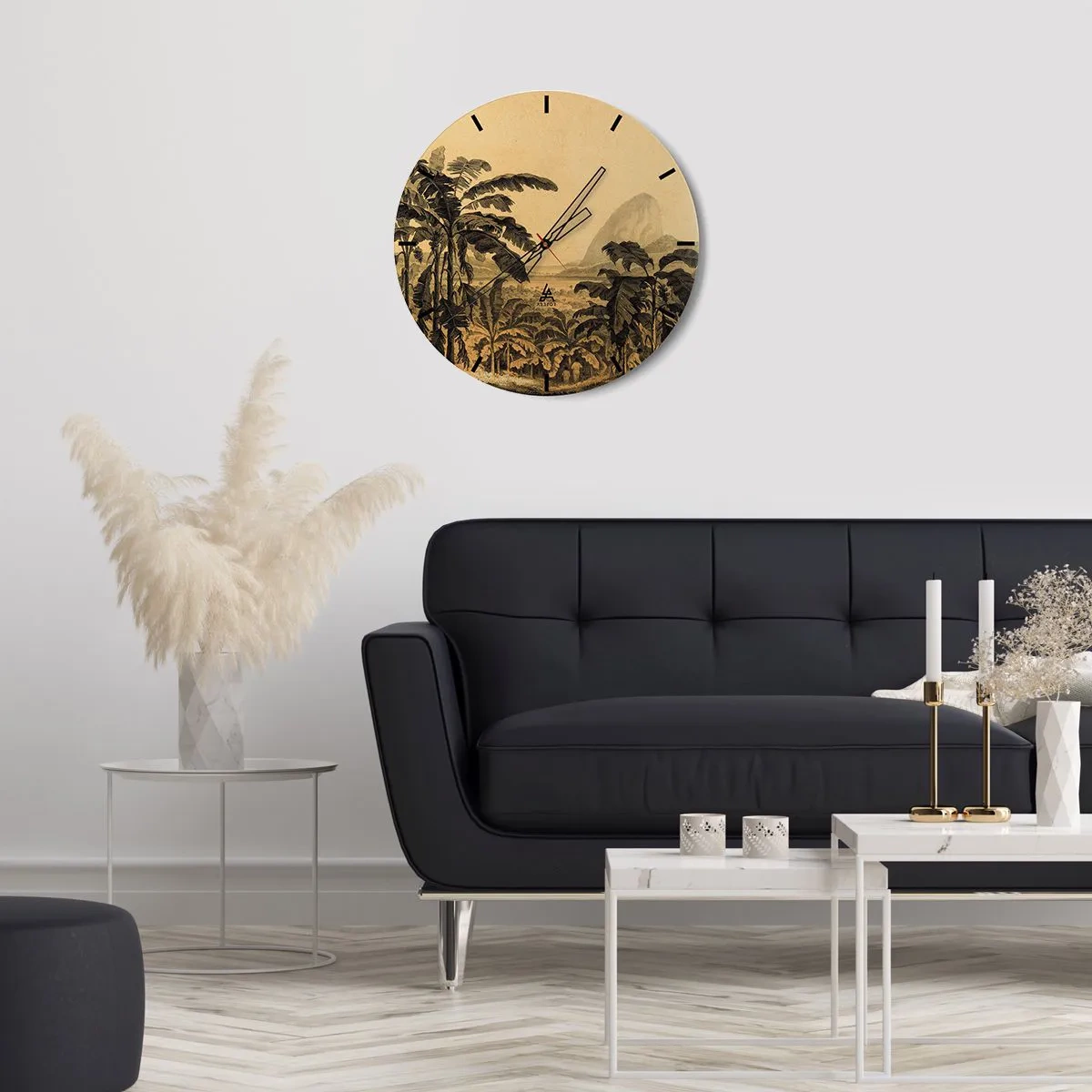 Väggklocka - Klocka på glas - Bananer och ett retro tropiskt landskap - 30x30cm - I kolonial stämning - Modern väggdekoration för vardagsrum, kök och sovrum ARTTOR