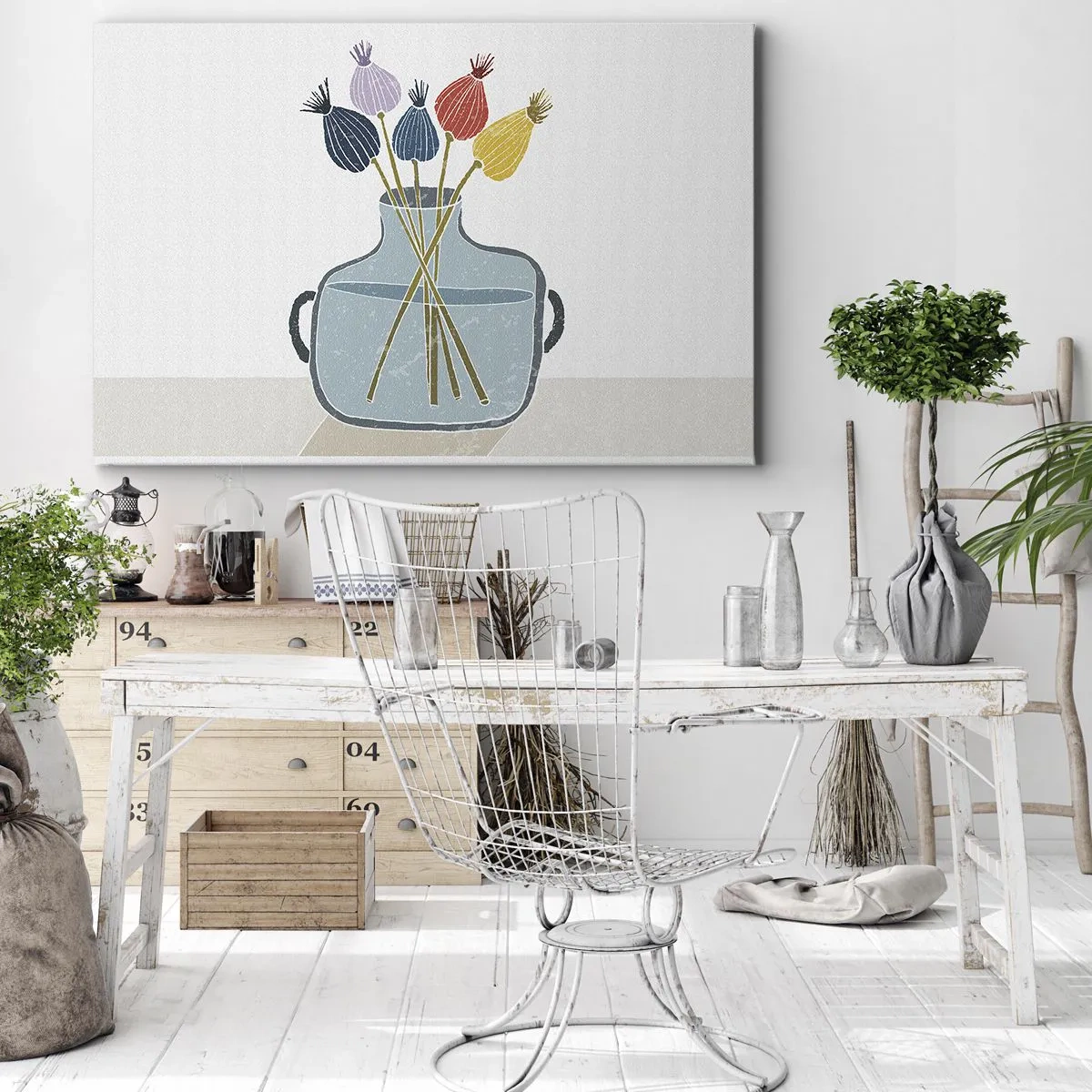 Canvastavla - Bild på duk - Färgglada torkade blommor i en vas på en vit bakgrund - 70x50cm - Vallmovas - Modern väggdekoration för vardagsrum och sovrum ARTTOR