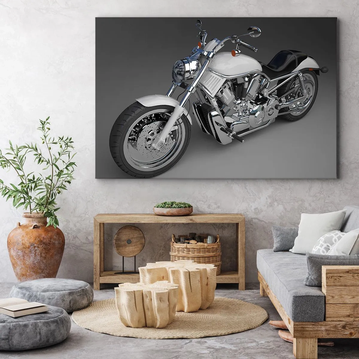 Canvastavla - Bild på duk - Vit cruiser motorcykel på en grå bakgrund - 70x50cm - Man vill lägga sig knäna - Modern väggdekoration för vardagsrum och sovrum ARTTOR