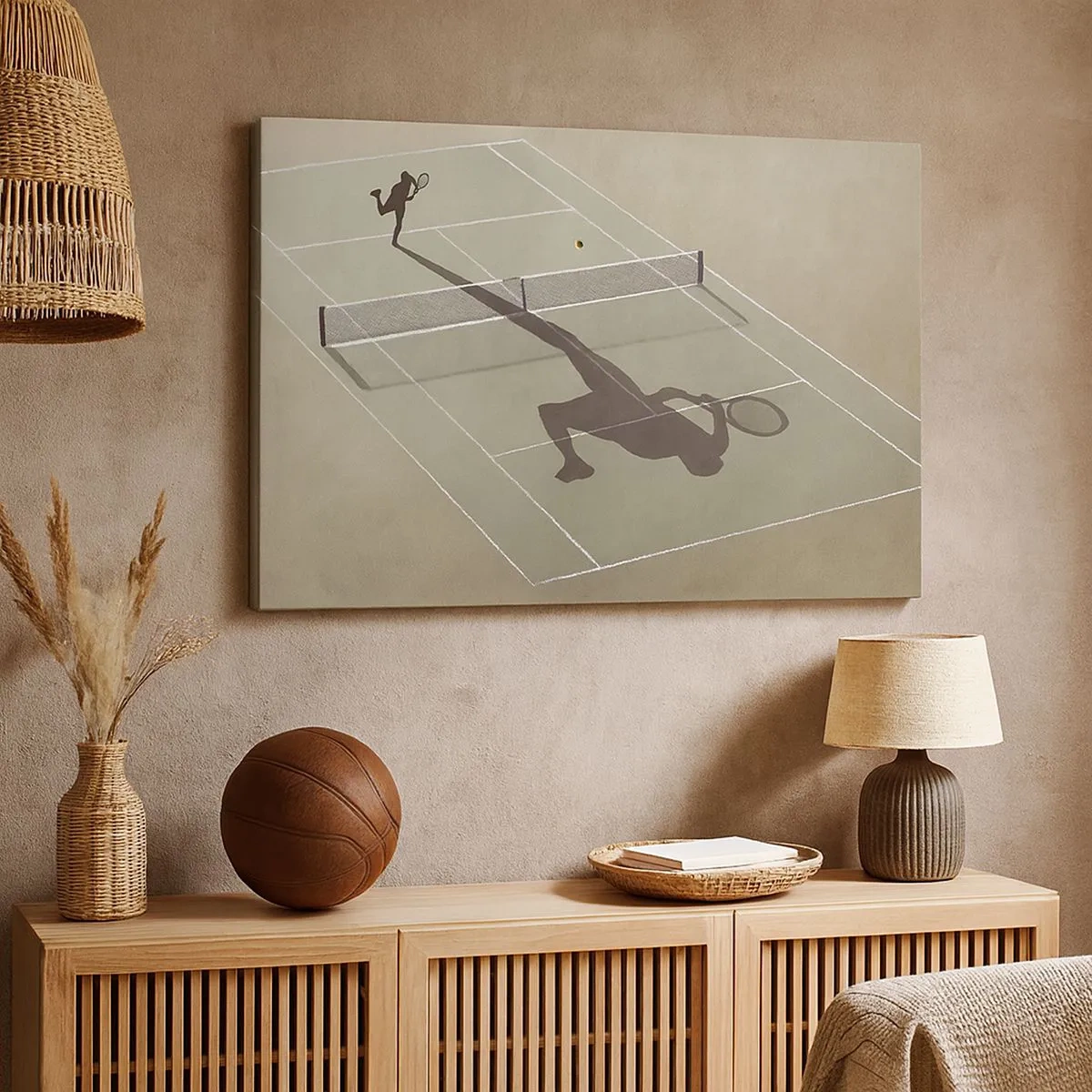 Canvastavla - Bild på duk - Skuggan av en tennisspelare på banan under en tennismatch - 70x50cm - Övervinna sig själv - Modern väggdekoration för vardagsrum och sovrum ARTTOR
