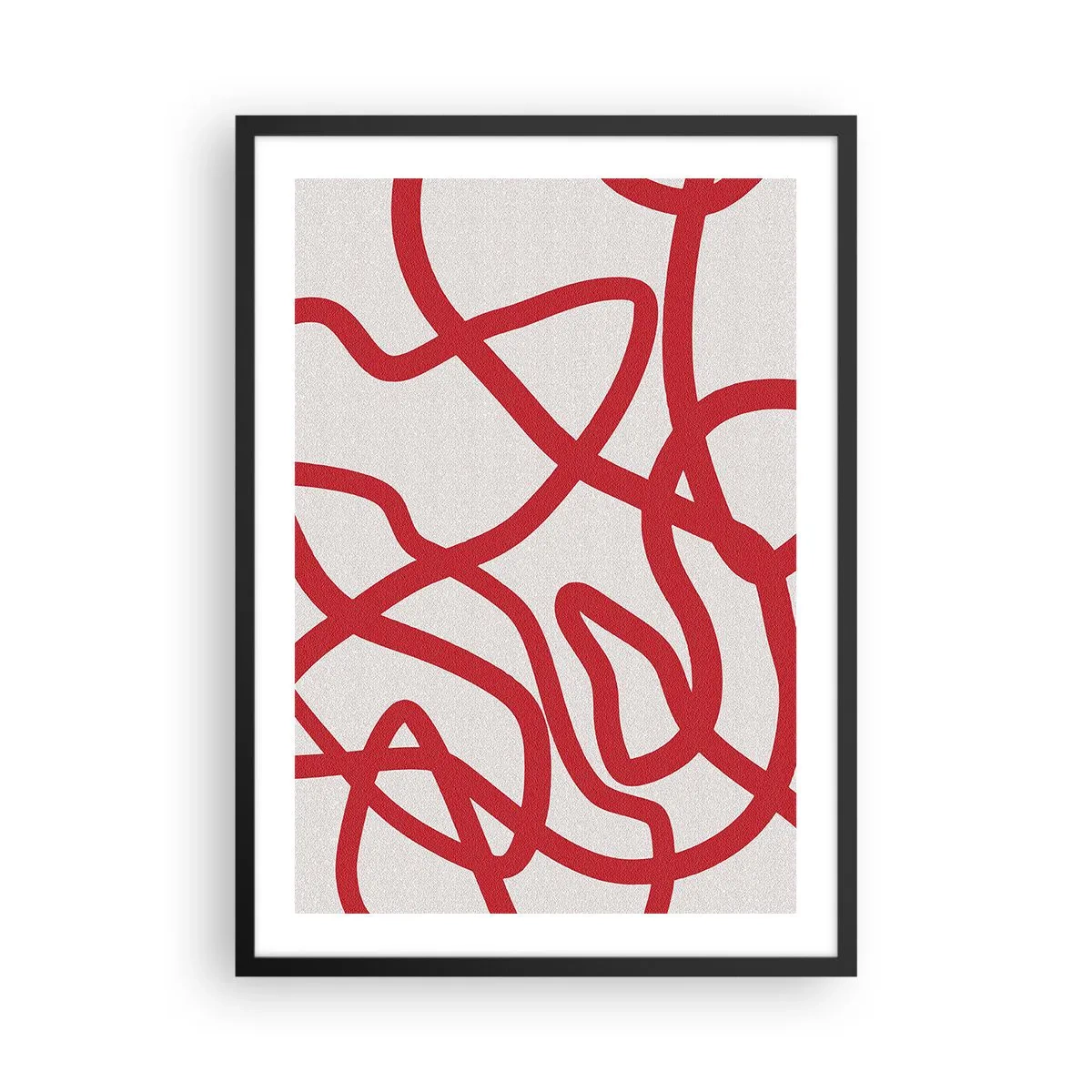 Affisch i svart ram - Abstrakt komposition av dynamiska röda linjer på en ljus bakgrund. - 50x70cm - Rött på vitt - Modern väggdekoration för vardagsrum och sovrum ARTTOR