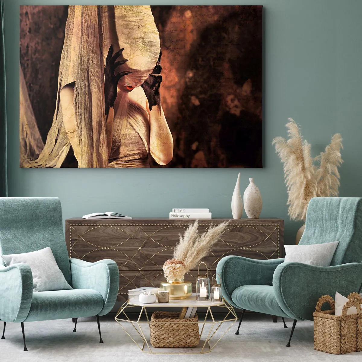 Canvastavla - Bild på duk - En kvinna i slöja med mystisk styling mot en mörk bakgrund - 70x50cm - Mellan det goda och det onda - Modern väggdekoration för vardagsrum och sovrum ARTTOR