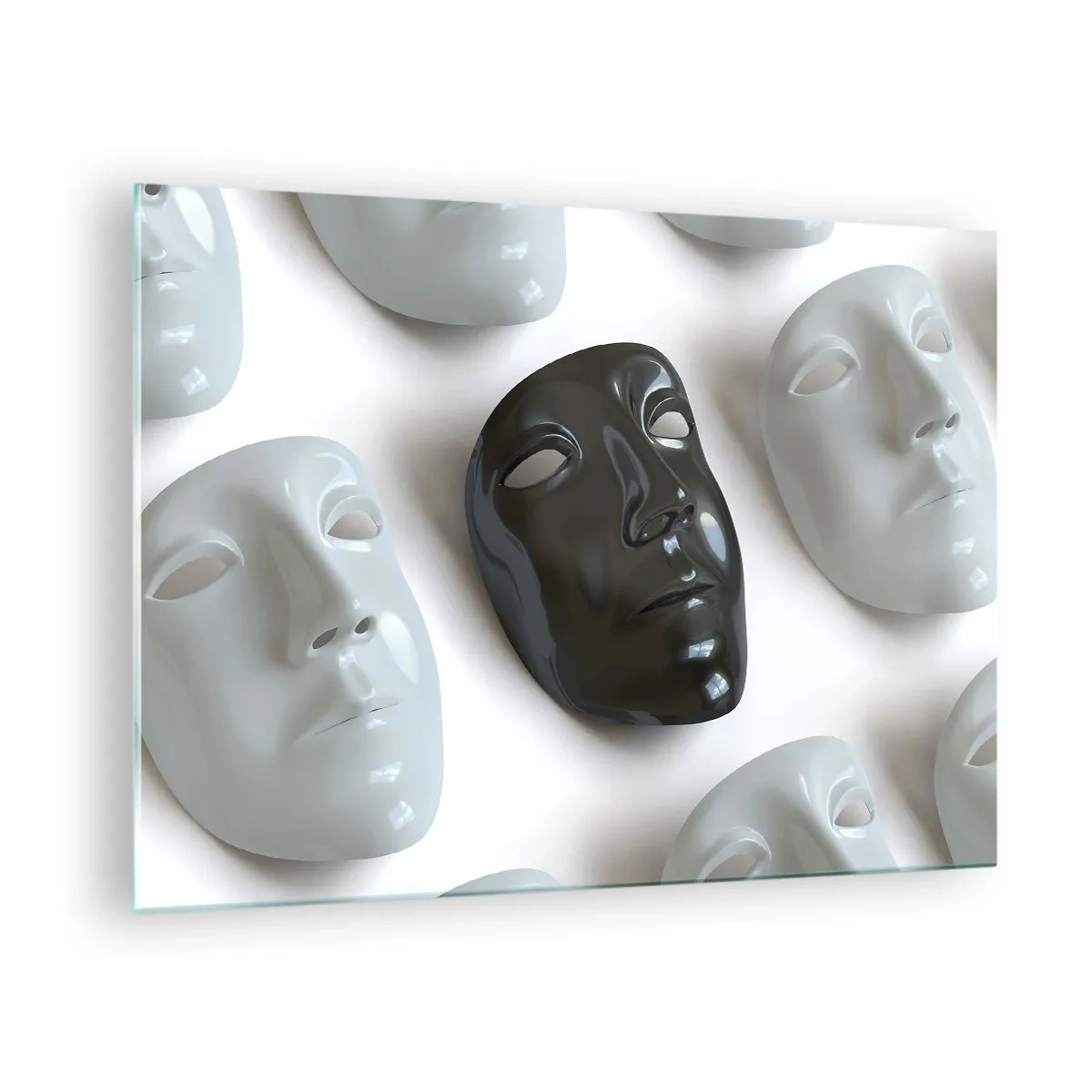 Glastavla - Bild på glas - En svartvit mask mot en bakgrund av vita masker på en ljus bakgrund - 70x50cm - Hur kan man urskilja sig? - Modern väggdekoration för vardagsrum och sovrum ARTTOR