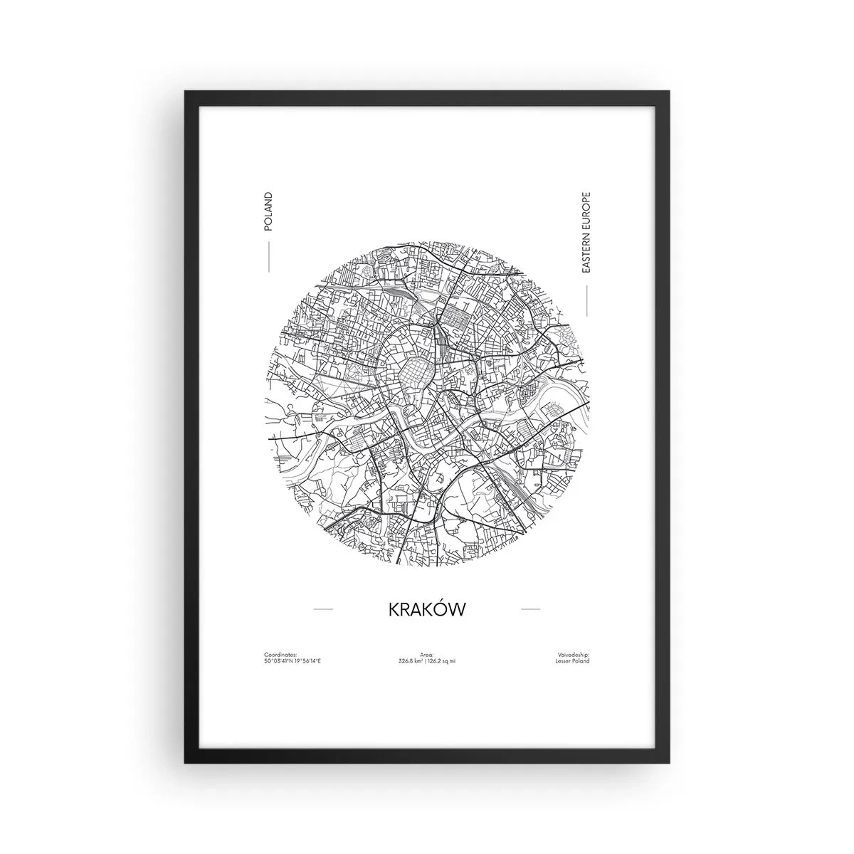 Affisch i svart ram - En minimalistisk karta över Krakow i en cirkel - 50x70cm - Krakóws anatomi - Modern väggdekoration för vardagsrum och sovrum ARTTOR