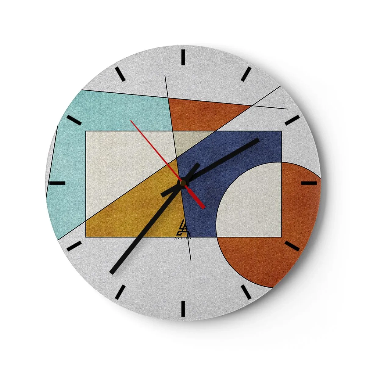 Väggklocka - Klocka på glas - Färgglad geometrisk komposition med rektanglar och cirklar - 30x30cm - Abstraktion: modernistiskt nöje - Modern väggdekoration för vardagsrum, kök och sovrum ARTTOR