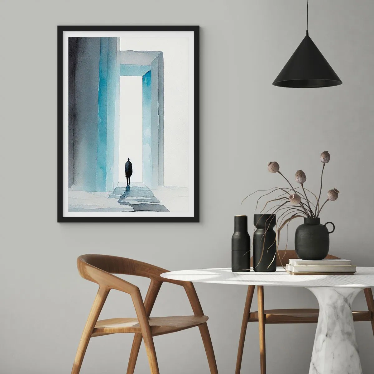Affisch i svart ram - En figur som går genom en blå grind, symboliserar frihet och obegränsade möjligheter - 50x70cm - Lev utan gränser - Modern väggdekoration för vardagsrum och sovrum ARTTOR