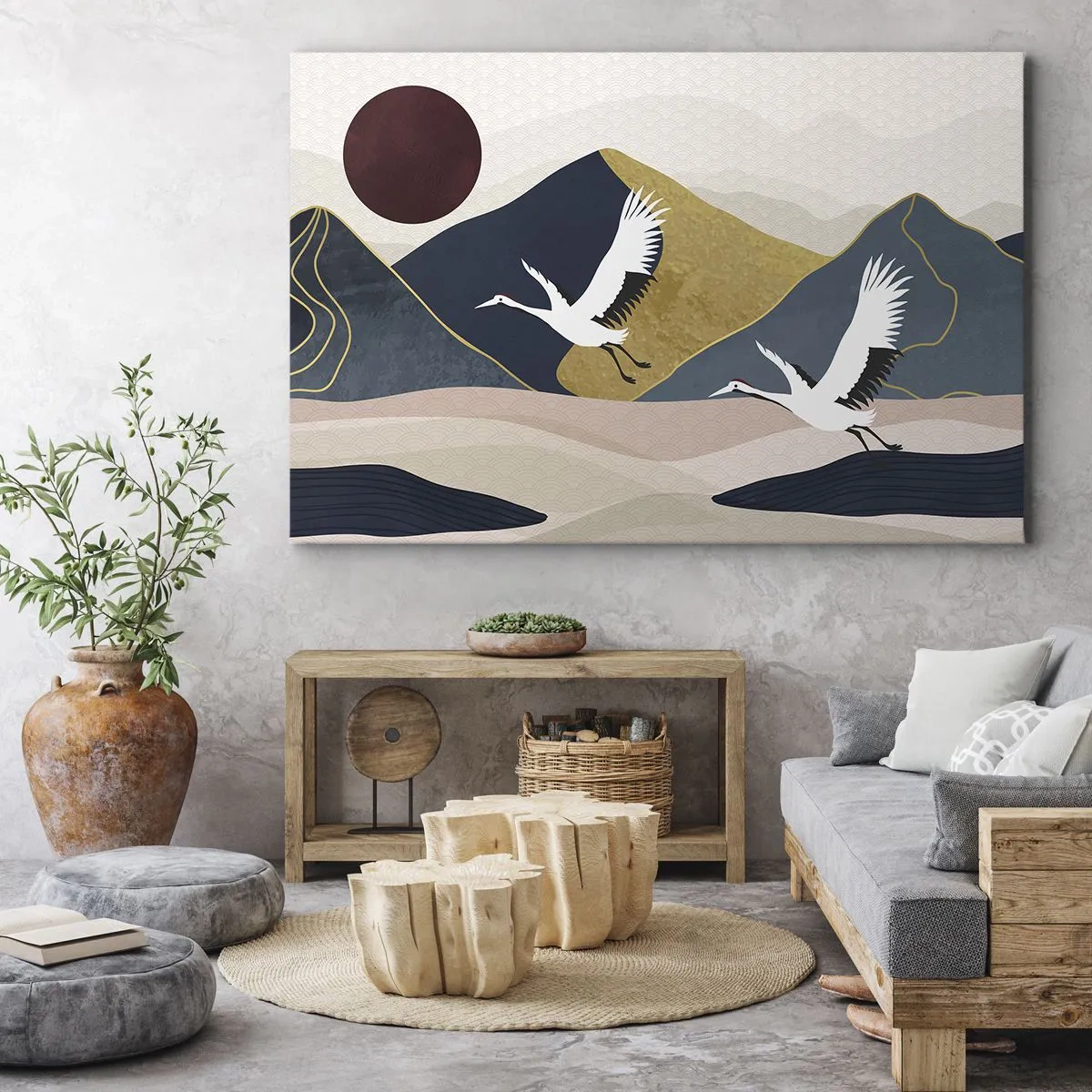 Canvastavla - Bild på duk - Tranor i flykt mot bakgrund av berg och en röd sol - 70x50cm - Nästa dag FLUGIT iväg - Modern väggdekoration för vardagsrum och sovrum ARTTOR