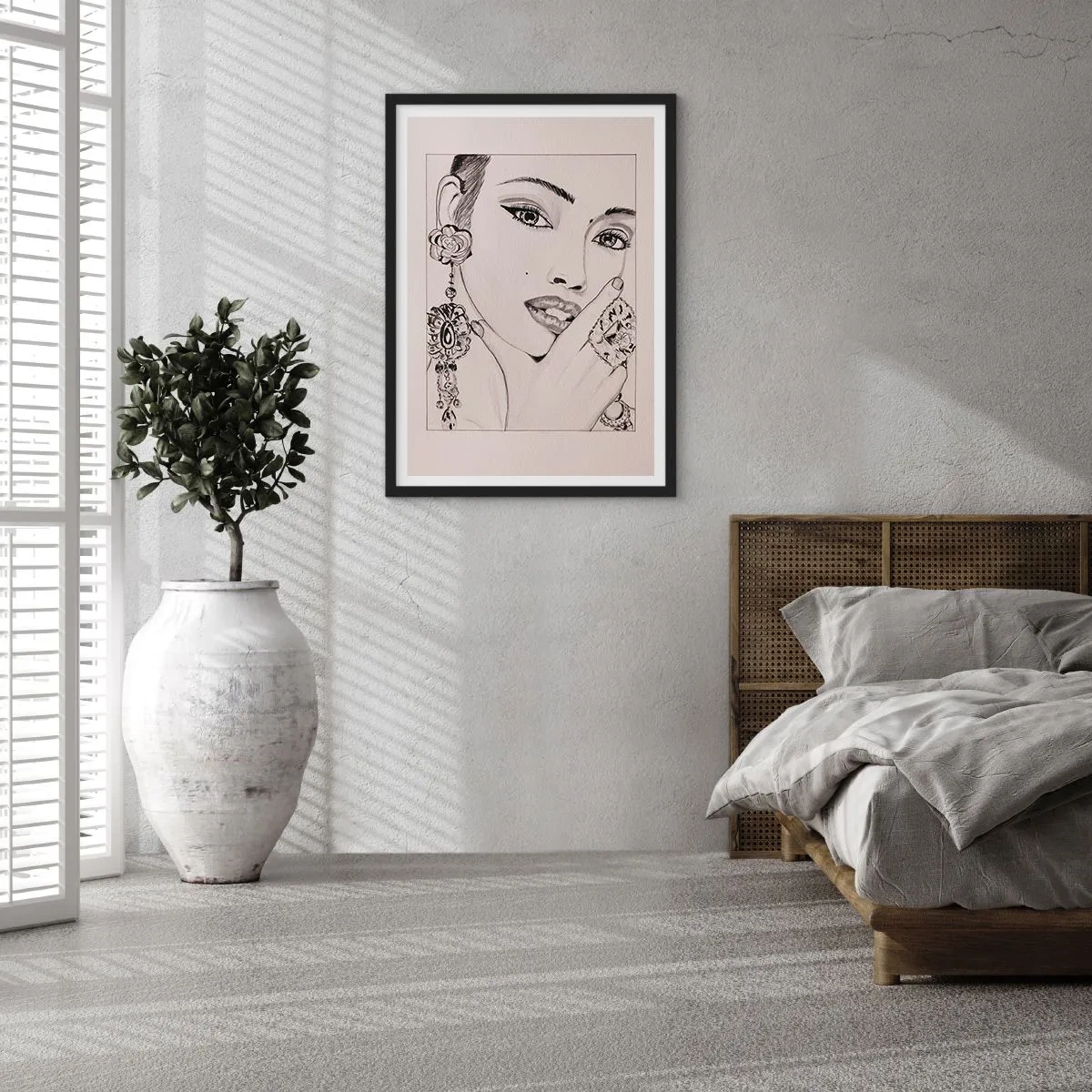 Affisch i svart ram - Skiss av en kvinna som bär glamorösa smycken - 50x70cm - Den vackraste juvelen - Modern väggdekoration för vardagsrum och sovrum ARTTOR
