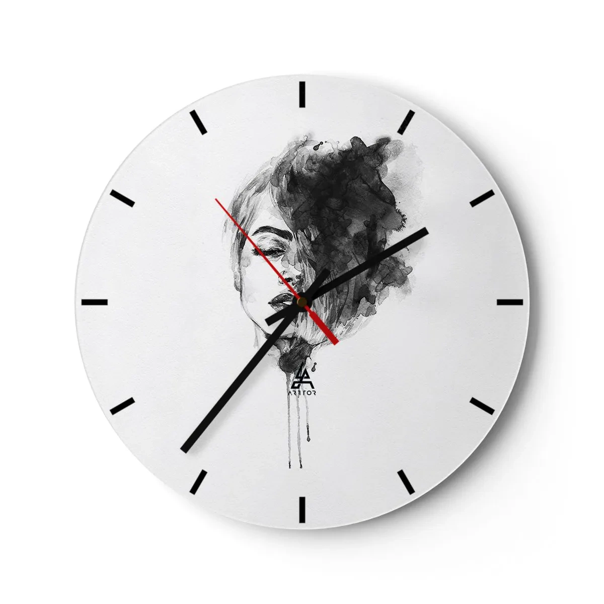Väggklocka - Klocka på glas - Svartvit akvarellmålning av en kvinnas ansikte med rökeffekt - 30x30cm - Vad flickan drömmer om - Modern väggdekoration för vardagsrum, kök och sovrum ARTTOR