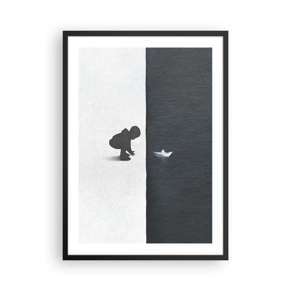 Affisch i svart ram - Ett barn lutar sig över vattnet med en pappersbåt - 50x70cm - En stor expedition - Modern väggdekoration för vardagsrum och sovrum ARTTOR