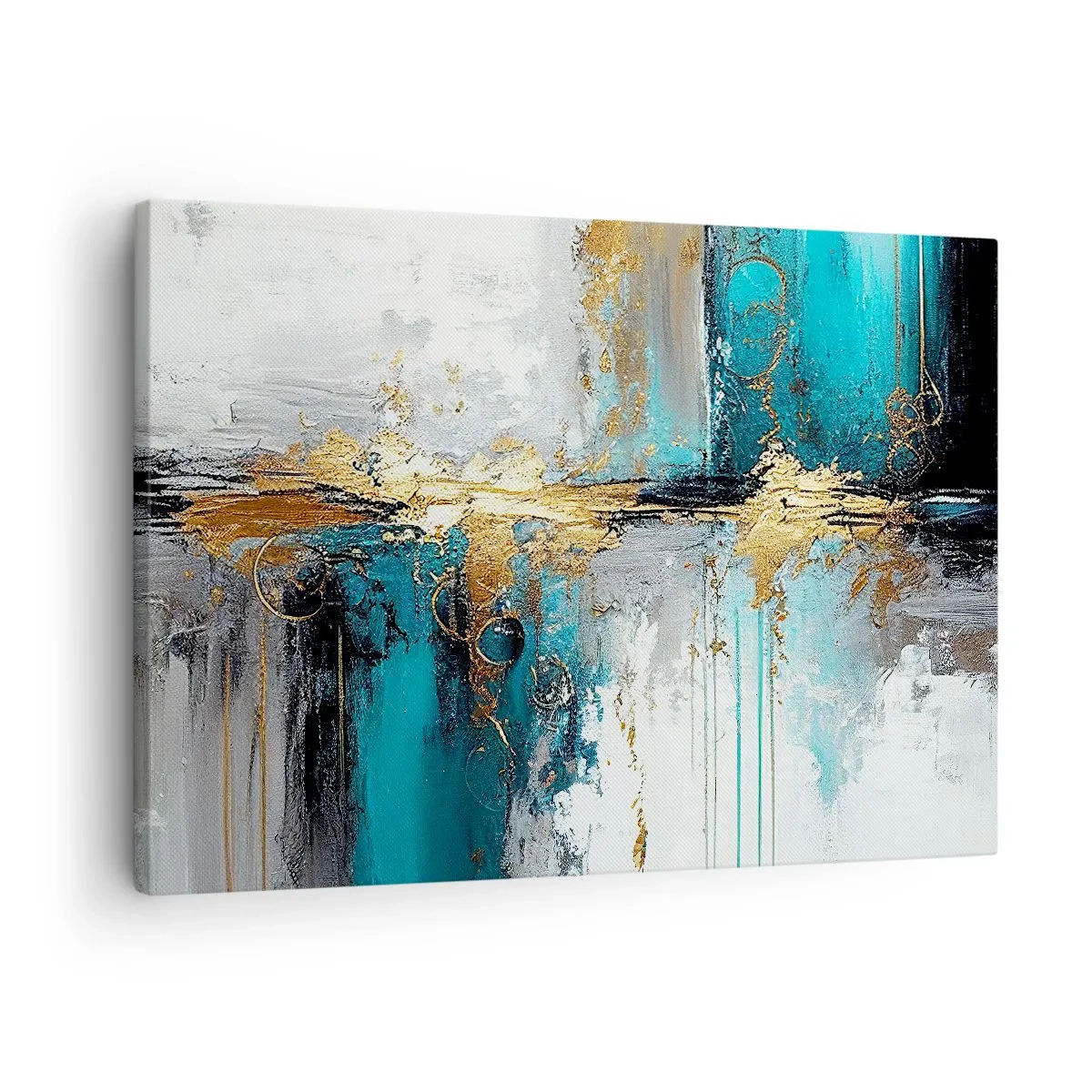 Canvastavla - Bild på duk - En abstrakt komposition med turkosa och guldiga accenter. - 70x50cm - Allting flödar - Modern väggdekoration för vardagsrum och sovrum ARTTOR