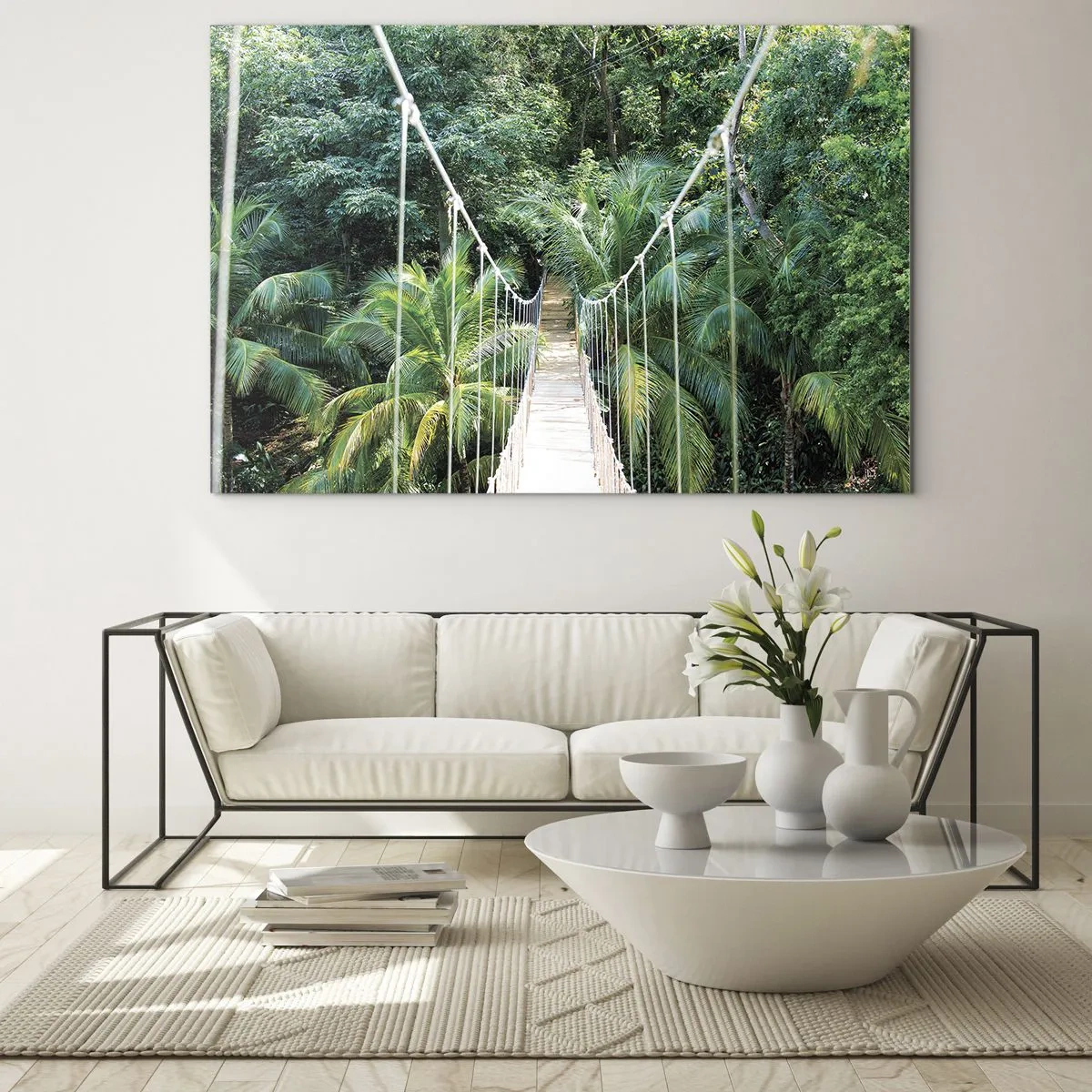 Glastavla - Bild på glas - Hängbro i en tropisk skog - 70x50cm - Welcome to the jungle! - Modern väggdekoration för vardagsrum och sovrum ARTTOR