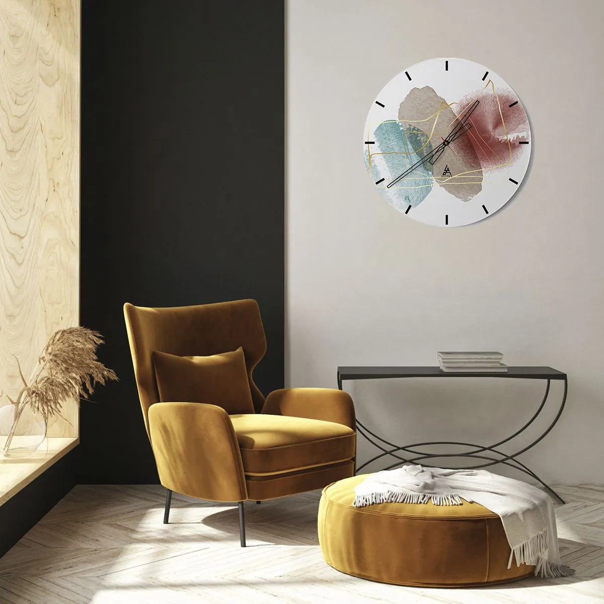 Väggklocka - Klocka på glas - Färgglada akvarellstänk och guldlinjer på vit bakgrund - 30x30cm - Rummets pärlor - Modern väggdekoration för vardagsrum, kök och sovrum ARTTOR