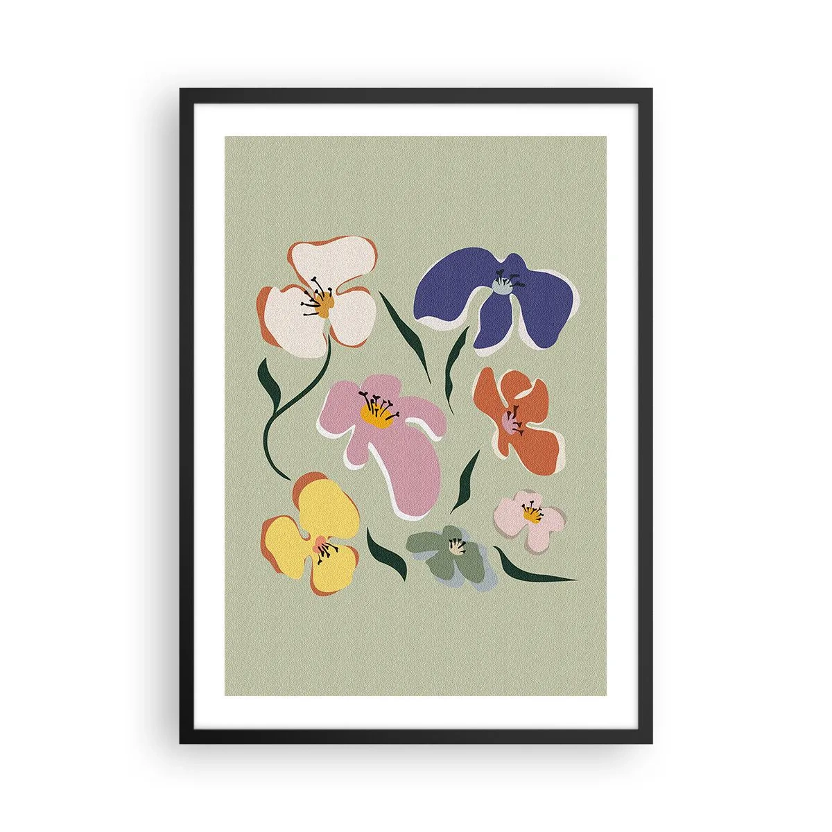 Affisch i svart ram - Färgglada blommor på en grön bakgrund i en konstnärlig stil - 50x70cm - Penséer - Modern väggdekoration för vardagsrum och sovrum ARTTOR