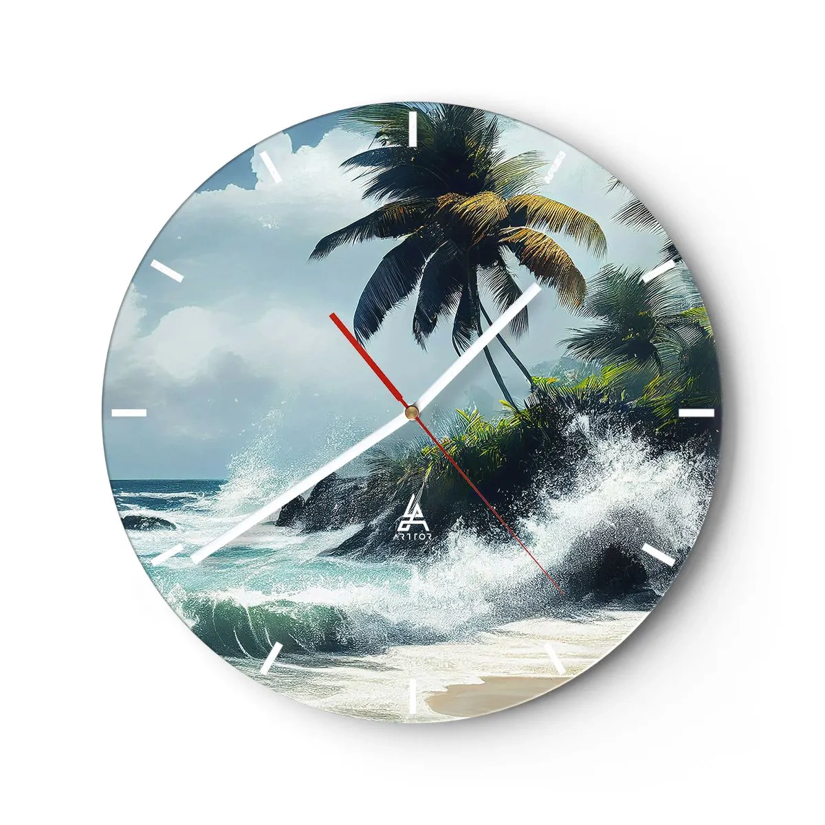 Väggklocka - Klocka på glas - Tropisk strand med palmer och kraschar havsvågor - 30x30cm - På en tropisk strand - Modern väggdekoration för vardagsrum, kök och sovrum ARTTOR