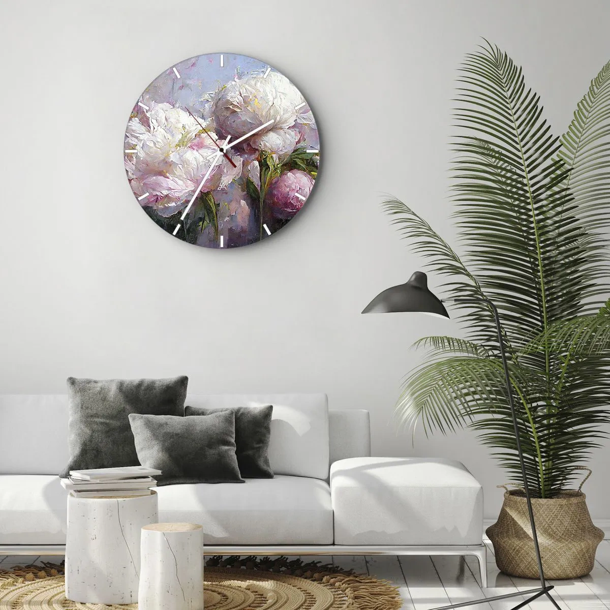 Väggklocka - Klocka på glas - En bukett vita och rosa blommor på en blå bakgrund - 30x30cm - En bukett full av liv - Modern väggdekoration för vardagsrum, kök och sovrum ARTTOR