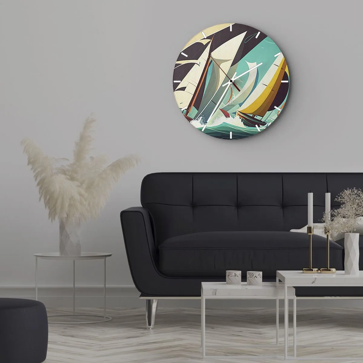 Väggklocka - Klocka på glas - Segelbåtar i grafisk stil på ett stormigt turkost hav - 30x30cm - Icke rädda för elementen - Modern väggdekoration för vardagsrum, kök och sovrum ARTTOR