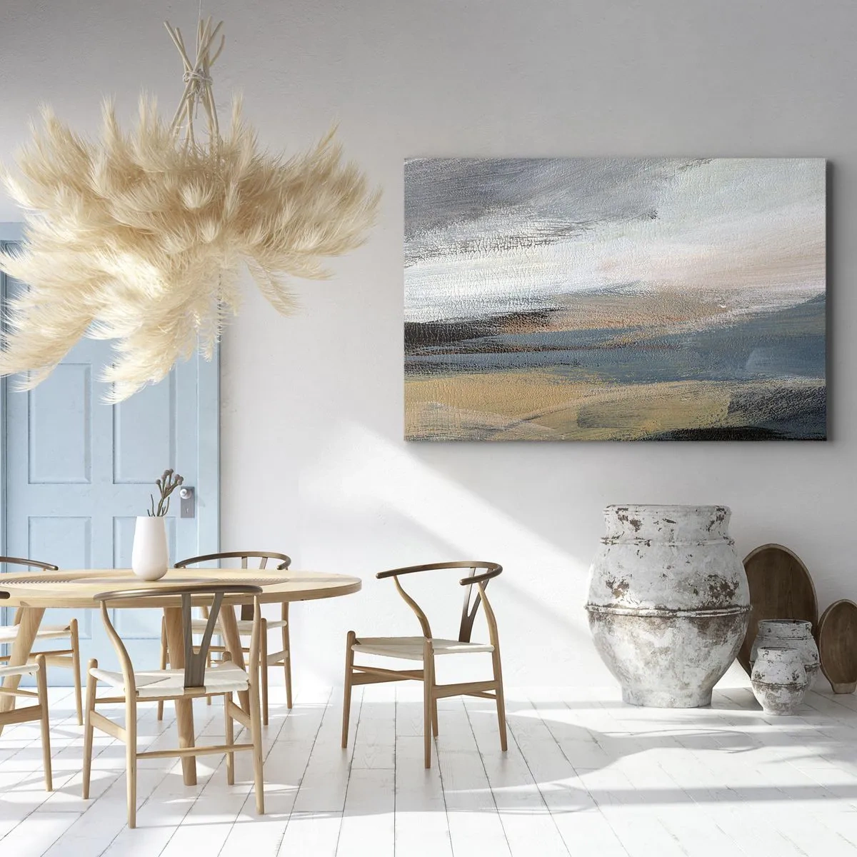 Canvastavla - Bild på duk - Abstrakt landskap i dämpade nyanser av blått och beige - 70x50cm - Abstraktion: nordligt landskap - Modern väggdekoration för vardagsrum och sovrum ARTTOR
