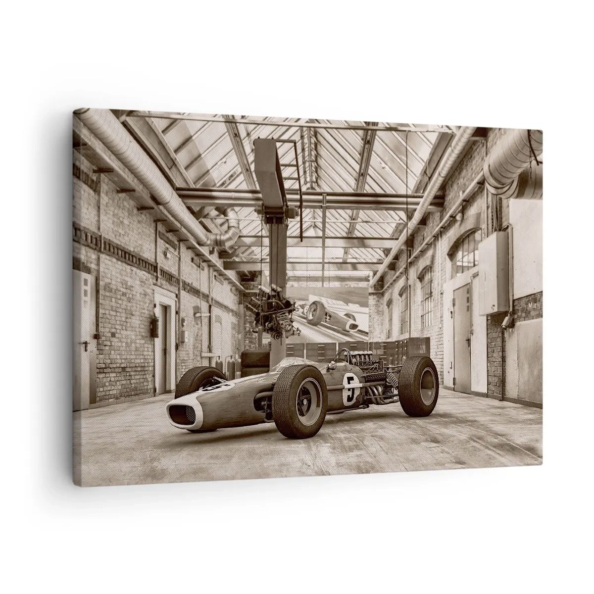 Canvastavla - Bild på duk - Svartvit racerbil i industriell interiör - 70x50cm - Segrarens vila - Modern väggdekoration för vardagsrum och sovrum ARTTOR