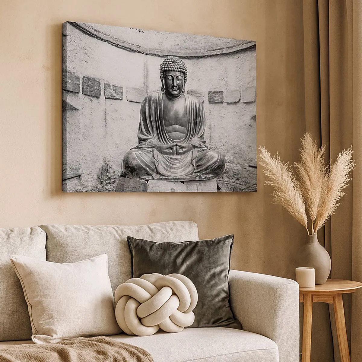 Canvastavla - Bild på duk - Svartvit Buddhastaty i meditativ pose - 70x50cm - Hos lugnets källor - Modern väggdekoration för vardagsrum och sovrum ARTTOR