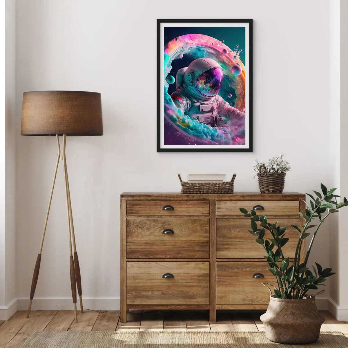 Affisch i svart ram - Astronaut i en rymdmiljö full av färgglada nebulosor - 50x70cm - Stjärnport - Modern väggdekoration för vardagsrum och sovrum ARTTOR