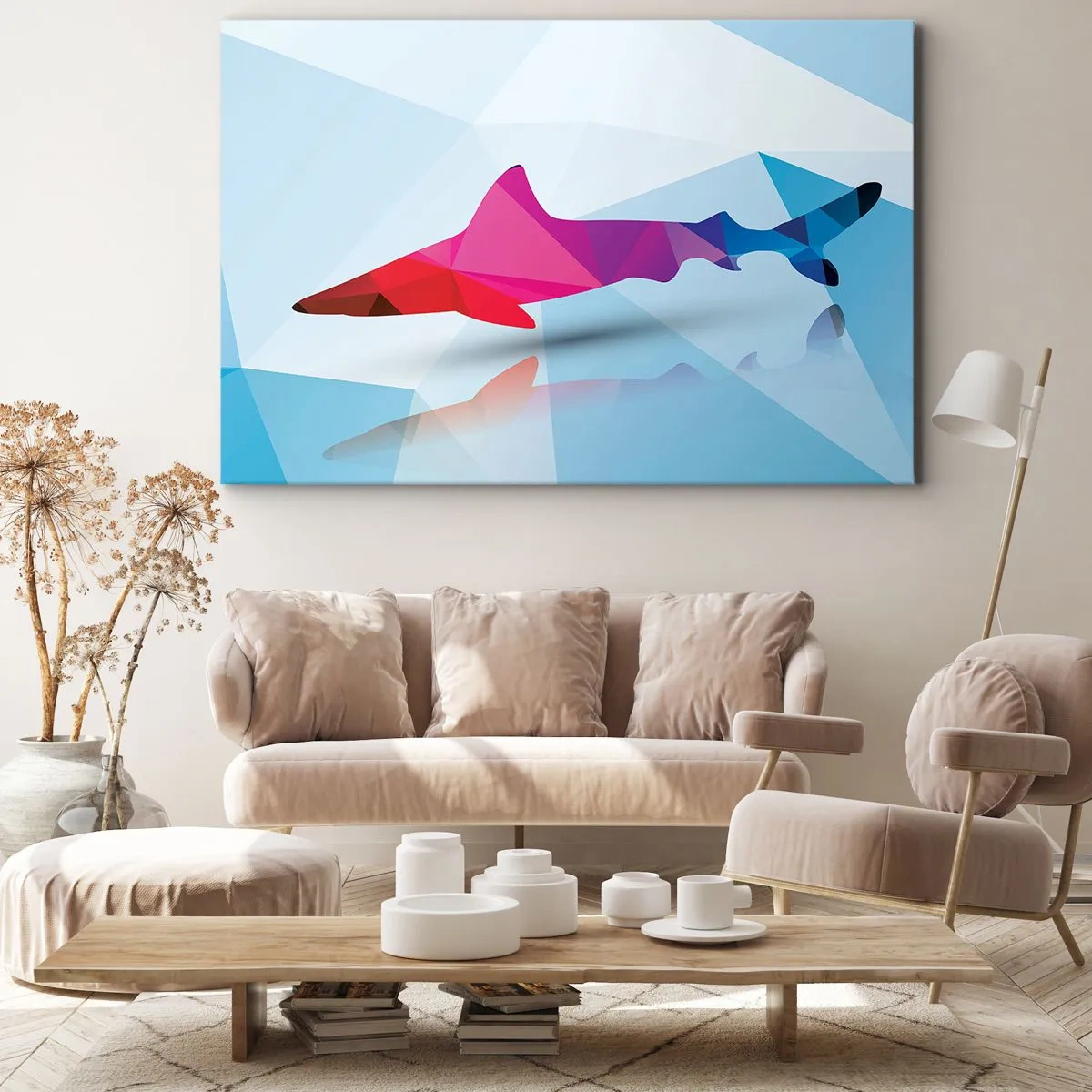 Canvastavla - Bild på duk - Geometrisk hajsilhuett i nyanser av rosa och blått - 70x50cm - Haj i kristallrummet - Modern väggdekoration för vardagsrum och sovrum ARTTOR