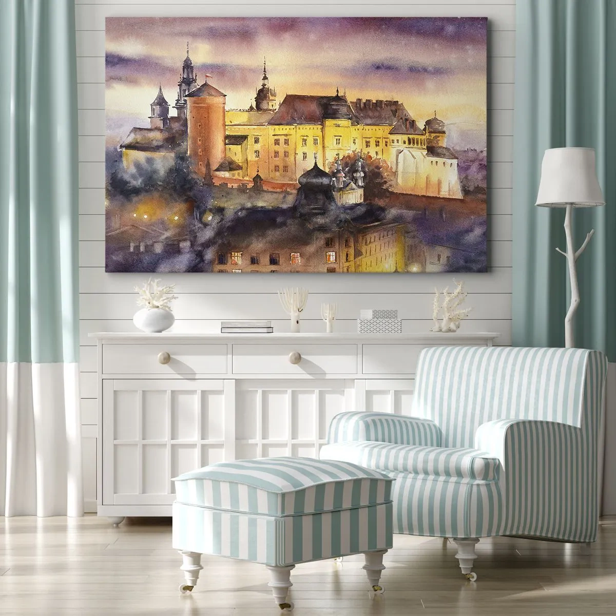 Canvastavla - Bild på duk - En pittoresk akvarellmålning av ett slott vid solnedgången - 70x50cm - En historia och en berättelse - Modern väggdekoration för vardagsrum och sovrum ARTTOR