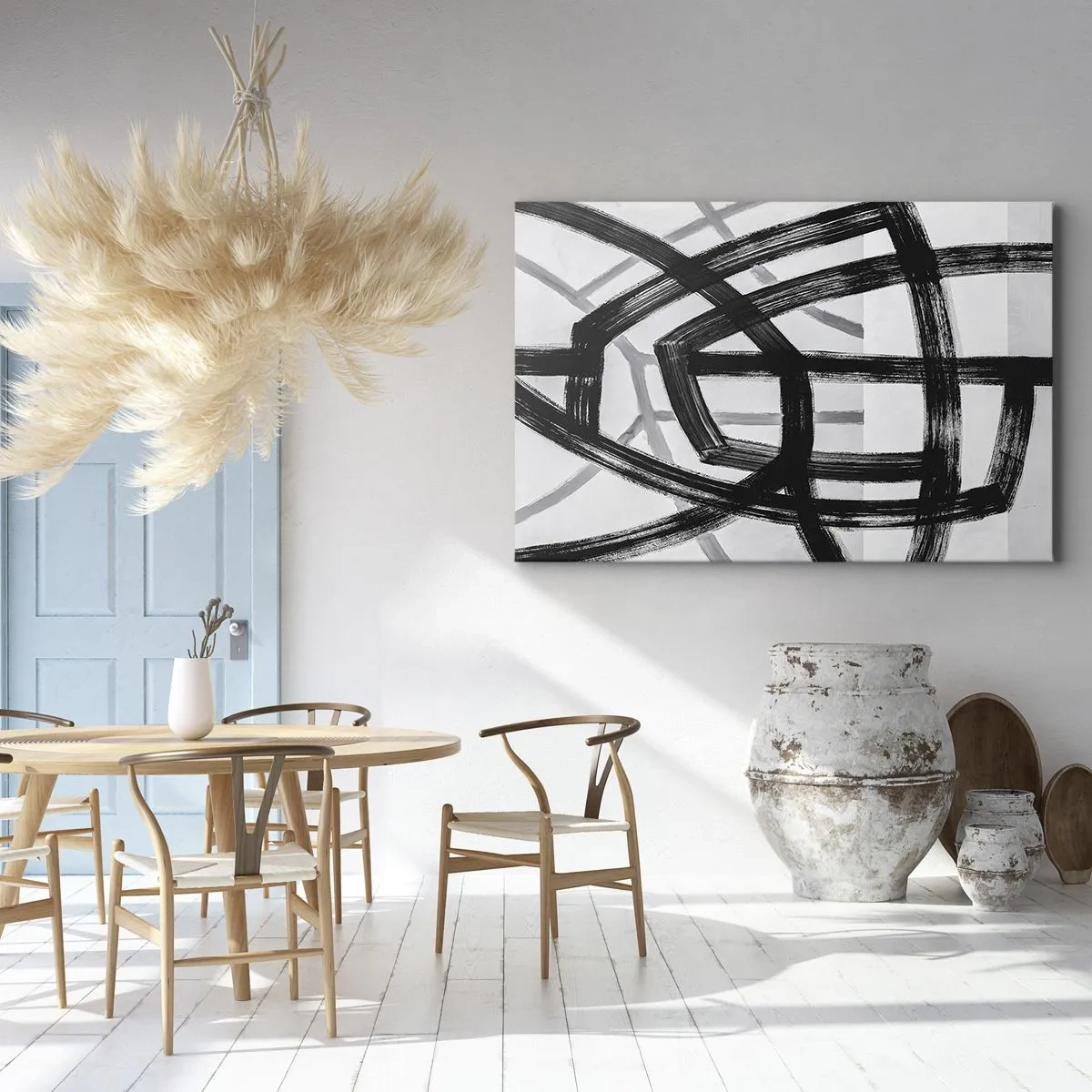 Canvastavla - Bild på duk - Svartvita abstrakta linjer som korsar varandra mot en ljus bakgrund - 70x50cm - Att skapa djupet - Modern väggdekoration för vardagsrum och sovrum ARTTOR