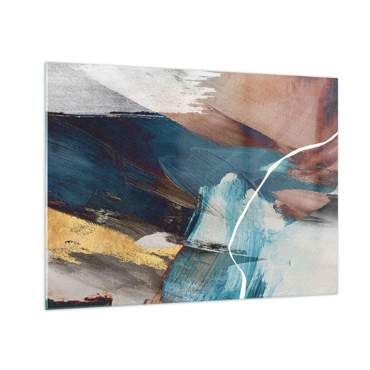 Glastavla - Bild på glas - En abstrakt komposition i turkos, guld och brunt. - 70x50cm - Med styrka och energi - Modern väggdekoration för vardagsrum och sovrum ARTTOR