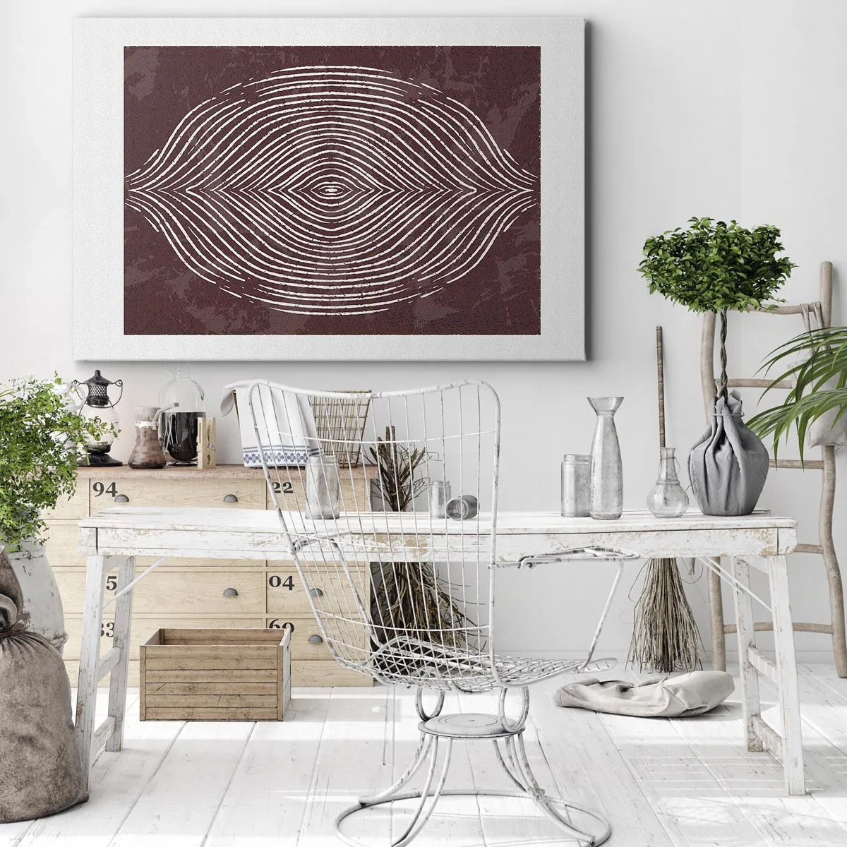 Canvastavla - Bild på duk - Symmetriska vågor i vita linjer på brun bakgrund - 70x50cm - Rymden talar - Modern väggdekoration för vardagsrum och sovrum ARTTOR