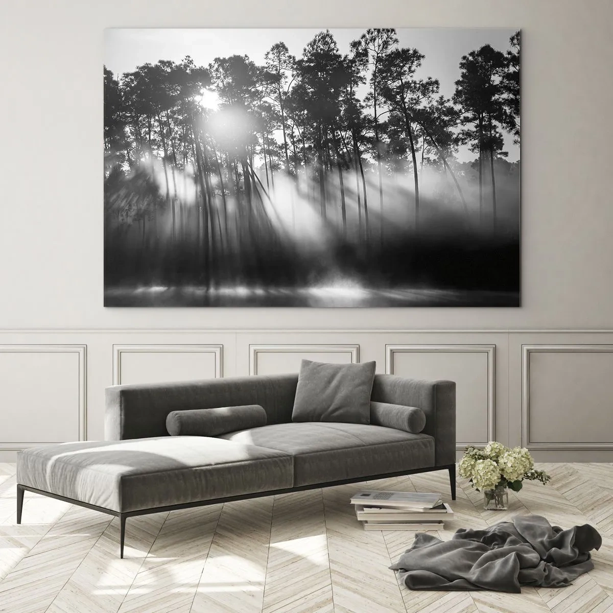 Glastavla - Bild på glas - Svartvita träd i en skog med solstrålar i diset - 70x50cm - Ostoppad sol - Modern väggdekoration för vardagsrum och sovrum ARTTOR