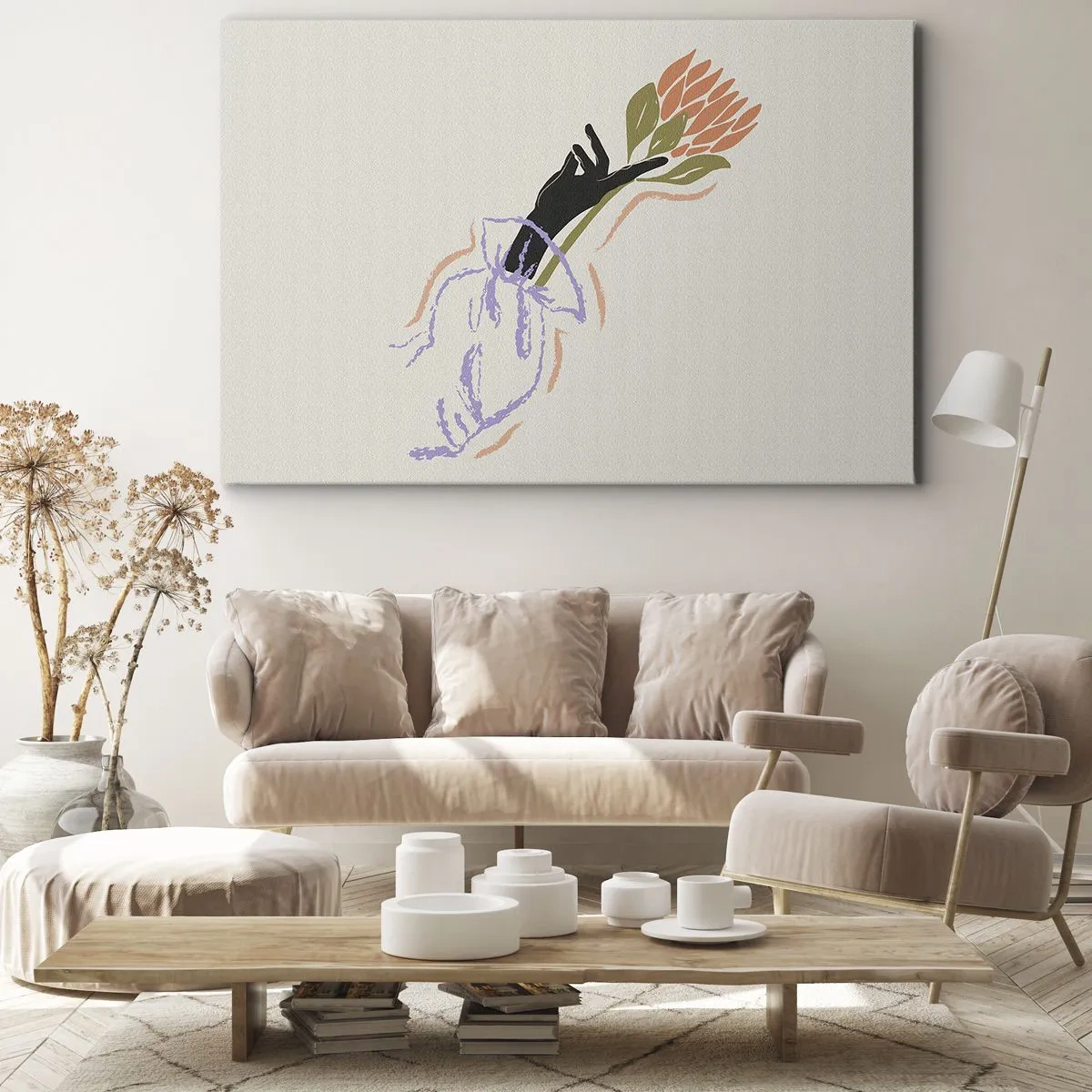 Canvastavla - Bild på duk - En minimalistisk blombukett i en delikat stil - 70x50cm - En systerlig beröring - Modern väggdekoration för vardagsrum och sovrum ARTTOR