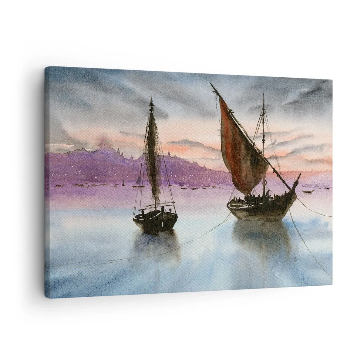 Canvastavla - Bild på duk - Två segelfartyg förtöjda på lugnt vatten i skymningen - 70x50cm - Kväll i hamnen - Modern väggdekoration för vardagsrum och sovrum ARTTOR