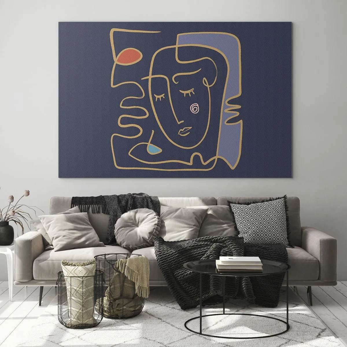 Glastavla - Bild på glas - Abstrakt ansikte i kontur på en marinblå bakgrund - 70x50cm - I drömmarnas värld - Modern väggdekoration för vardagsrum och sovrum ARTTOR