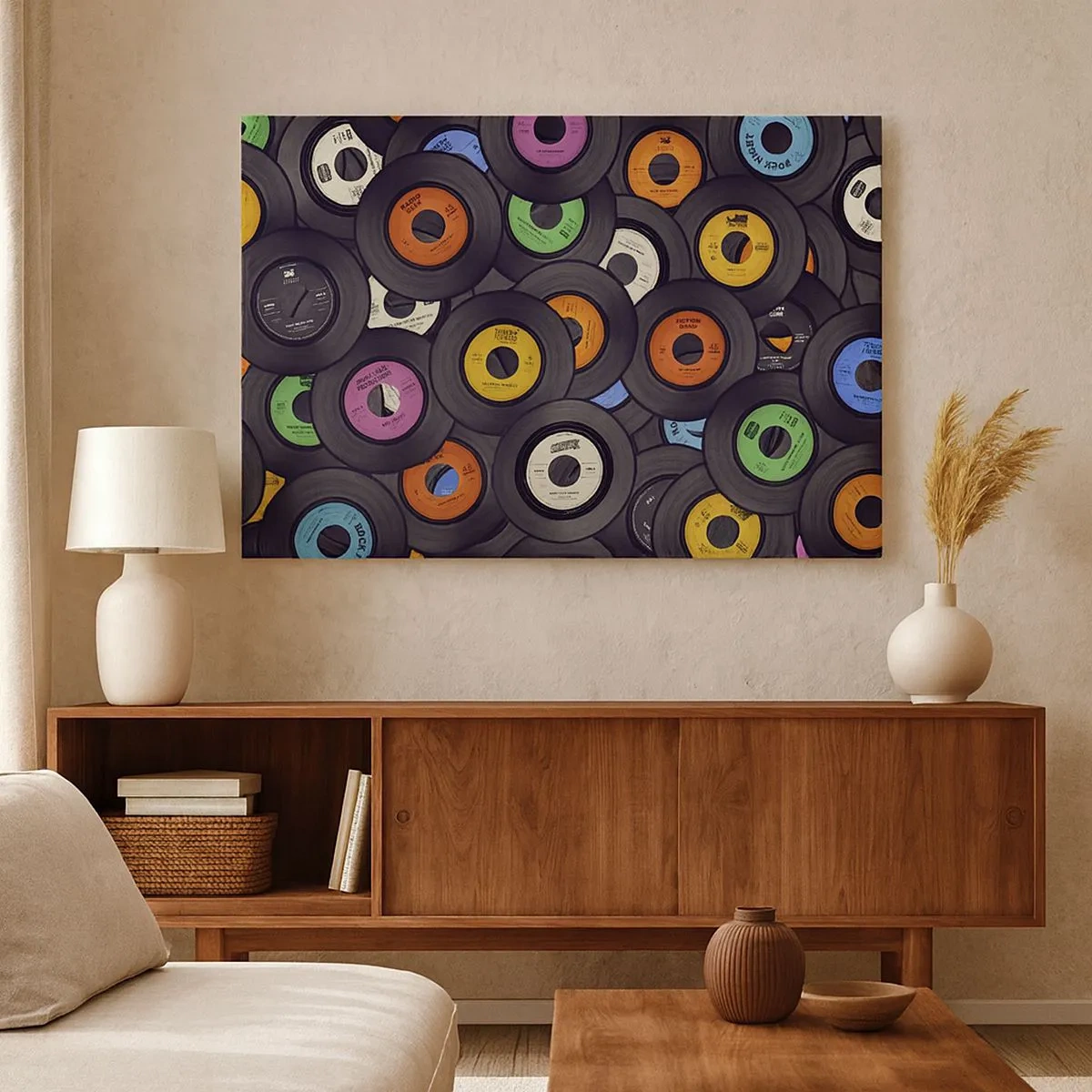 Canvastavla - Bild på duk - Färgglada vinylskivor staplade ovanpå varandra - 70x50cm - Klassikens färger - Modern väggdekoration för vardagsrum och sovrum ARTTOR