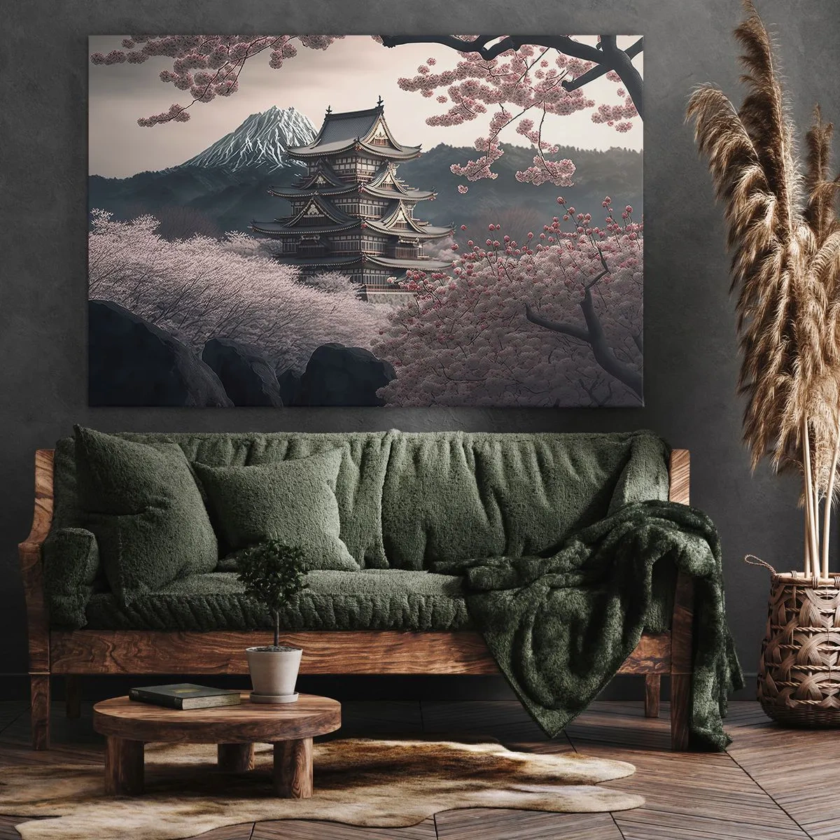 Canvastavla - Bild på duk - Ett japanskt tempel omgivet av körsbärsblommor och berg - 70x50cm - Ett land av blommande körsbär - Modern väggdekoration för vardagsrum och sovrum ARTTOR