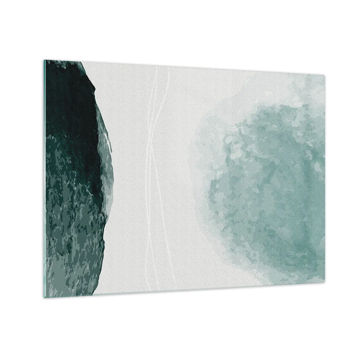 Glastavla - Bild på glas - Gröna abstrakta former på en ljus bakgrund som liknar dimma - 70x50cm - Ett möte med dimma - Modern väggdekoration för vardagsrum och sovrum ARTTOR