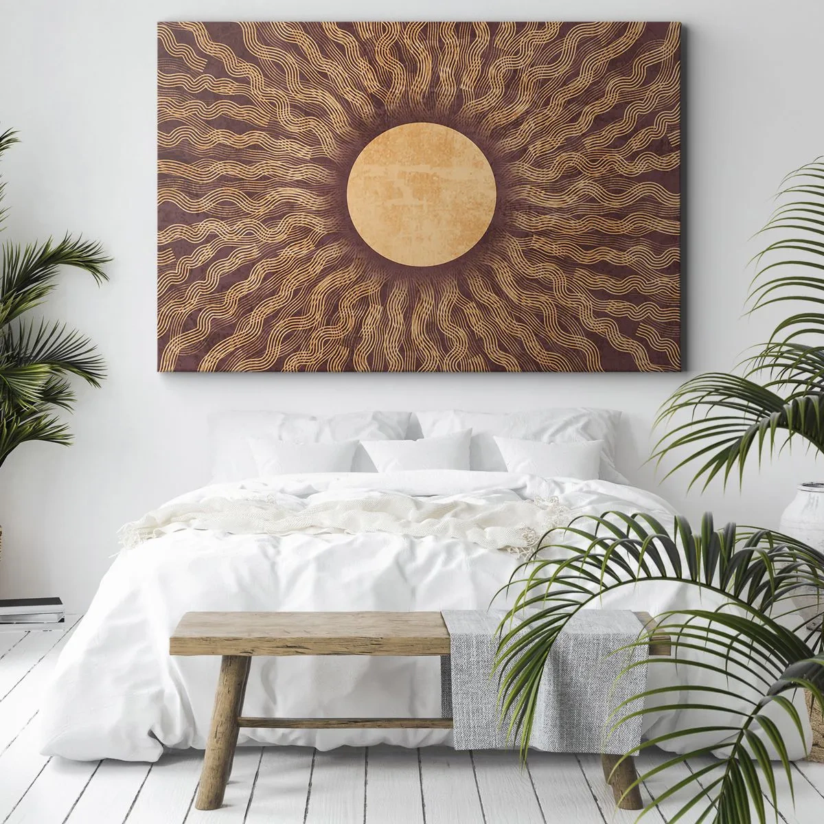 Canvastavla - Bild på duk - Soligt mönster med strålar på en bakgrund i nyanser av brunt - 70x50cm - Solikon - Modern väggdekoration för vardagsrum och sovrum ARTTOR