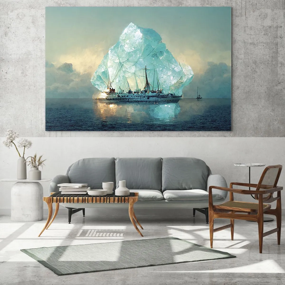Glastavla - Bild på glas - Ett segelfartyg framför en enorm glaciär i det arktiska ljuset. - 70x50cm - Arktisk briljant - Modern väggdekoration för vardagsrum och sovrum ARTTOR