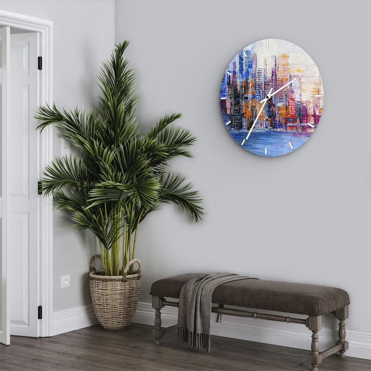 Väggklocka - Klocka på glas - Färgglada skyskrapor över vattnet i en uttrycksfull, målerisk stil - 30x30cm - En glädjefylld metropol - Modern väggdekoration för vardagsrum, kök och sovrum ARTTOR