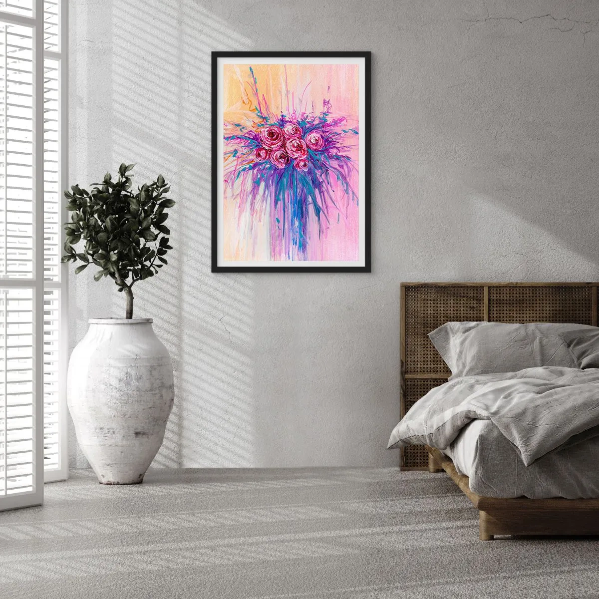Affisch i svart ram - Färgglada rosor på en bakgrund i nyanser av rosa - 50x70cm - Rosfontän - Modern väggdekoration för vardagsrum och sovrum ARTTOR