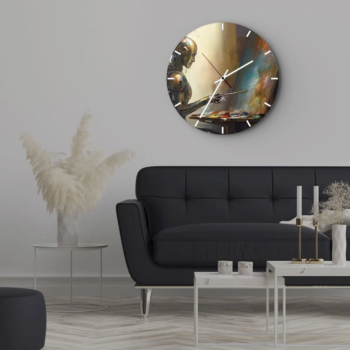 Väggklocka - Klocka på glas - En robot som målar en bild på ett staffli - 30x30cm - Framtidens konst - Modern väggdekoration för vardagsrum, kök och sovrum ARTTOR